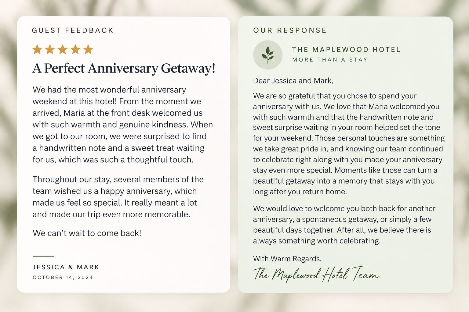 A sample guest review beside a personal response from a hotel team.